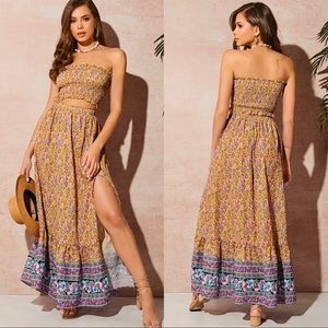 Frill Trim Tube Top and High Split Skirt